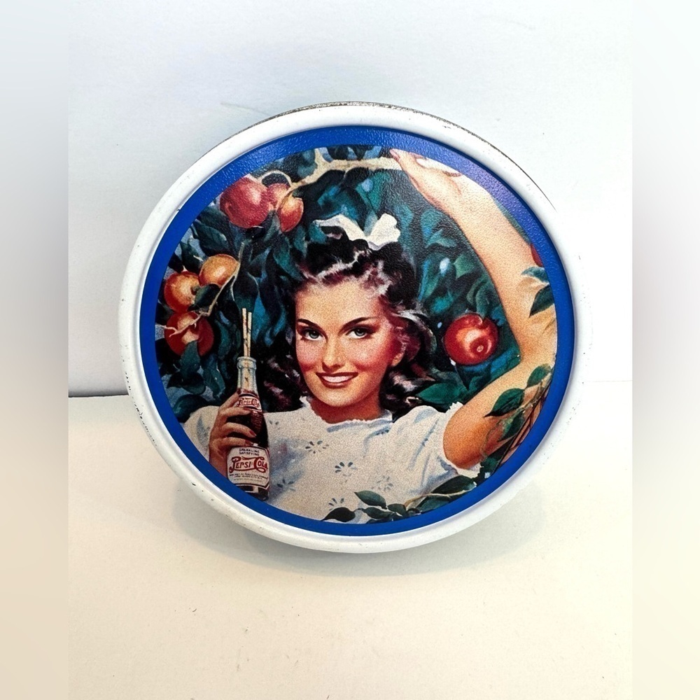 Pepsi Cola Hits the Spot Metal Tin Collectible Lady in Apple Orchard with Bottle